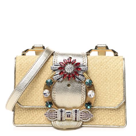 MIU MIU Raffia Madras Crystal Embellished Lady Shoulder Bag 